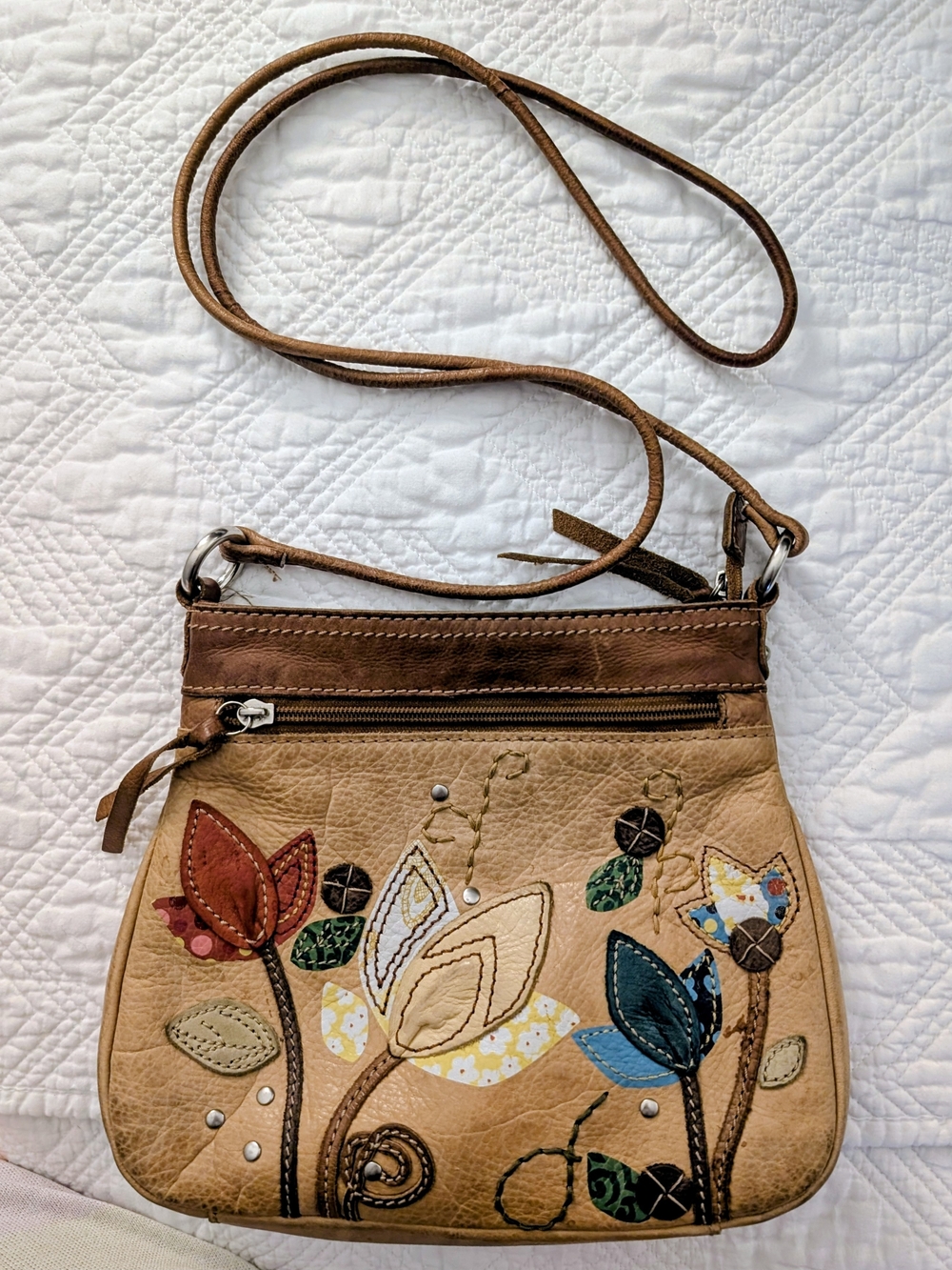 Fossil Tan/Brown Leather Floral Appliqué Crossbody Bag